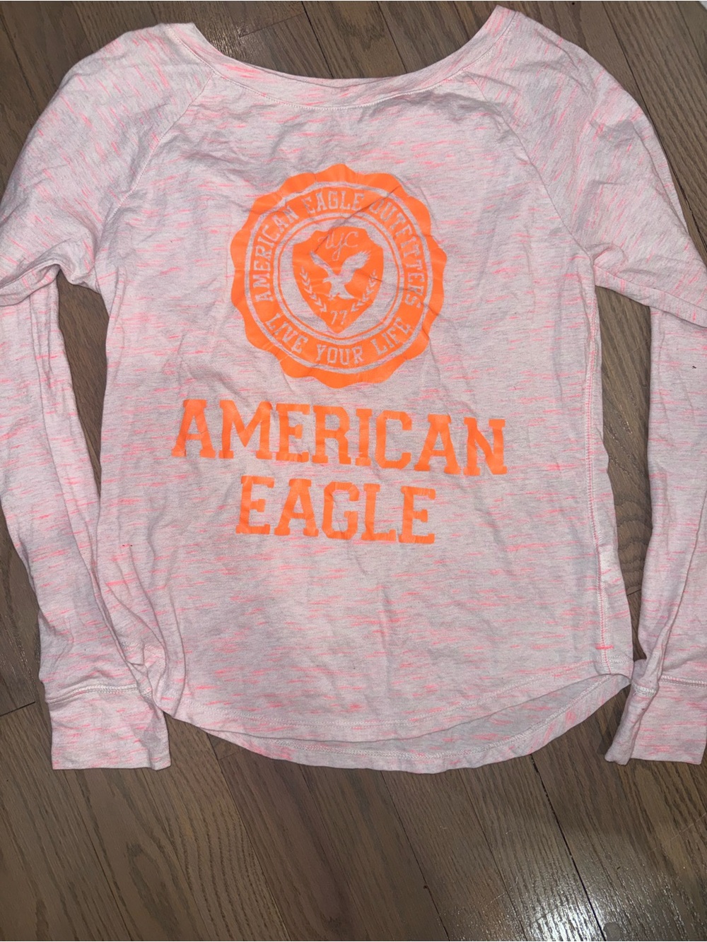 American Eagle Neon Orange Logo Heathered Pink Long Sleeve Top